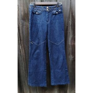 Vintage Escada dark-wash denim pants with quilted gold-stitch waistband 28"